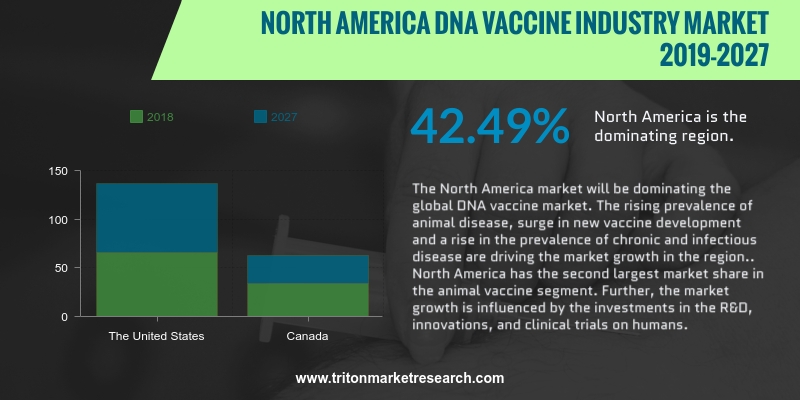 North America DNA vaccines market to progress during the forecast period of 2019-2027 at a CAGR of 42.49%, in terms of revenue.